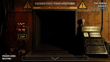 A Bite at Freddy's office view showing the Freddy Fast-Food Delivery conveyor belt and Order Status panel