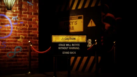 Foxy's Lab area in A Bite at Freddy's with warning signs