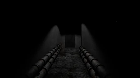 First-person view inside a dark ventilation duct with pipes on both sides