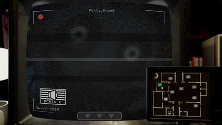 Animatronic Memories camera view of Party Room 2 with static interference and radio controls