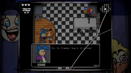 Pixel art minigame showing Freddy talking to Bonnie in the pizzeria