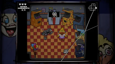 Pixel art minigame with Chica collecting ingredients in the arcade room