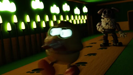 Chickling sprinting through a hallway with glowing eyes in Bondee's Barnyard