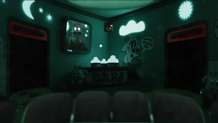 Bondee's Barnyard gameplay view from inside Kou the Cow showing the barn-themed office with doors, security monitor, and oxygen meter