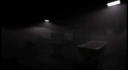 Dark hospital morgue room with wheelchair and gurneys in Final Nights 4