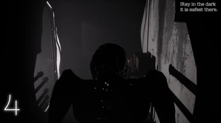 Deteriorated animatronic in a hallway with 'Stay in the dark, it is safest there' message