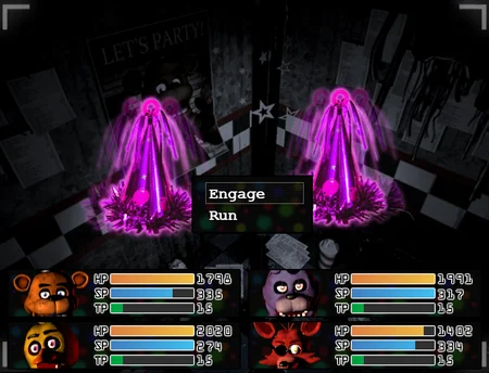 FNAFB turn-based combat against party hats with full team of Freddy, Chica, Bonnie and Foxy showing HP/SP/TP bars