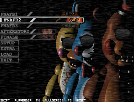 FNAFB2 main menu showing Toy animatronics alongside Freddy