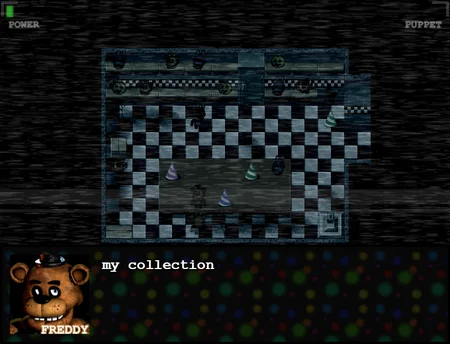 Freddy exploring the pizzeria in top-down view with checkered floor tiles