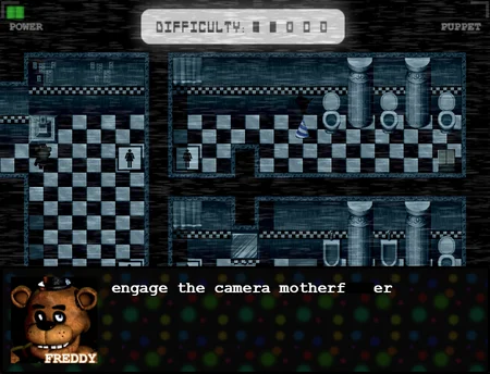 Freddy preparing to engage a security camera in the bathroom area of the pizzeria