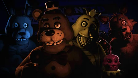 Blood and Gears promotional poster featuring all four animatronics and Mr. Cupcake