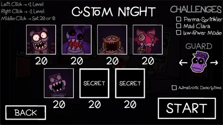Custom Night screen showing all animatronics at level 20 with challenge modes and guard selection
