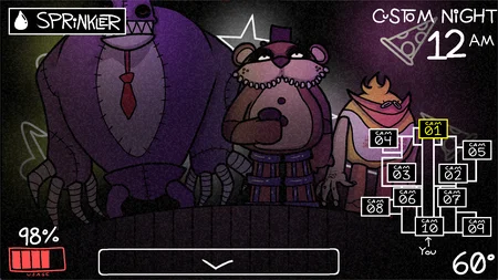 Camera view of the stage showing Bernard, Frederick, and Claraara with hand-drawn 2D art style