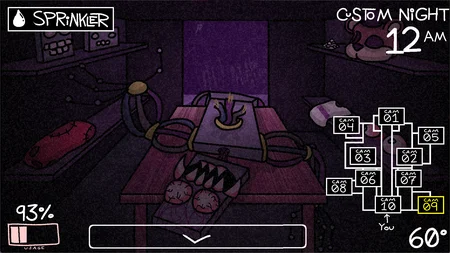 Endoskelelet, a purple skeleton with sharp teeth, lurking in a dark room with boxes