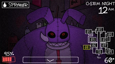 Bernard the purple rabbit with red eyes and sinister grin in the storage room