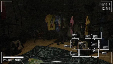 Five Nights at Treasure Island camera system overview showing 10-camera grid with power indicator at 98%