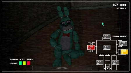 Camera view of 39 the Bunny sitting on the Showstage in Five Nights with 39