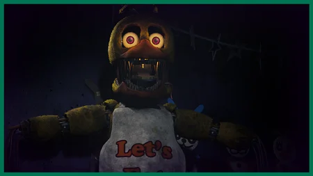 Withered Chica with exposed endoskeleton jaw in a dark room in FNAF Rewritten 87