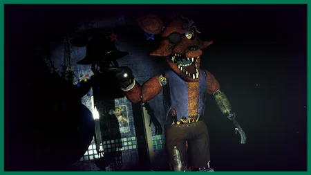 Withered Foxy standing tall in a star-decorated room showing full deteriorated body in FNAF Rewritten 87