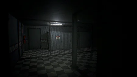 Room with checkered floor and metal fences in FNAF Urbex