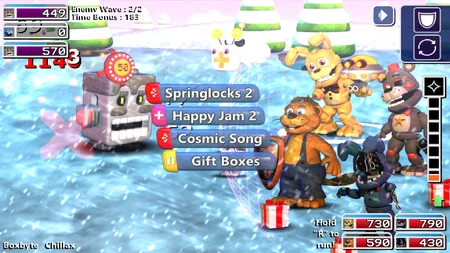 FNAF World Refreshed combat in snowy area with Springtrap in the party