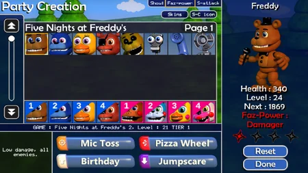Party Creation screen showing Freddy's stats and attacks in FNAF World Refreshed
