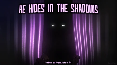 Fredbear hiding in the shadows behind purple curtains on stage