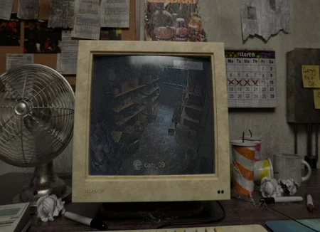 Freddy's Reanimated office view with CRT monitor showing camera 9 and vintage desk objects