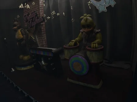 Chica standing on the restaurant stage next to drums with Freddy Fazbear's sign in the background