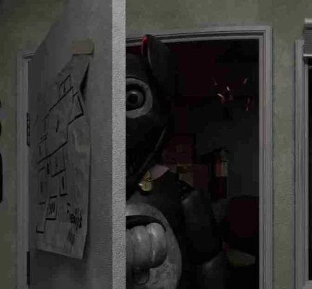 Sparky the dog peering through the office door in Freddy's Reanimated