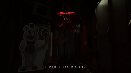 Balloon Baby with STOP sign and a glowing red figure in a dark hallway in JR's