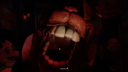 Freddy animatronic in photorealistic detail with mouth open showing teeth in JR's