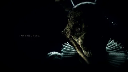 Terrifying animatronic in the darkness with I AM STILL HERE text in JR's