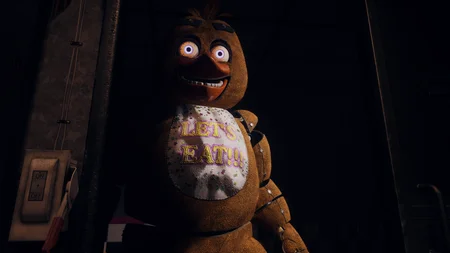 Chica with her LET'S EAT bib peering through the office door in Next Week at Freddy's