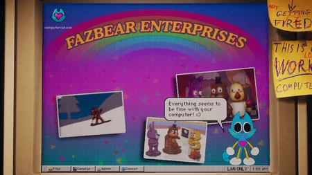 ComCat virtual assistant on the Fazbear Enterprises desktop with animatronic photos
