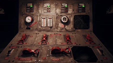 Next Week at Freddy's control panel with red levers, pressure gauges, and door switches