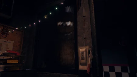 Freddy's silhouette visible through the office window with Christmas lights in Next Week at Freddy's