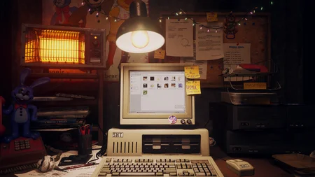 Next Week at Freddy's office with retro computer, Bonnie plushie, and Christmas decorations