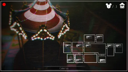 Oblitus Casa Postmortem mode showing psychedelic camera view with illuminated carousel and Mickey head counter