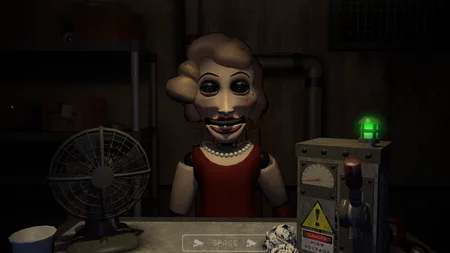 Peggy animatronic close-up in the office with her porcelain face and pearl necklace in Showman's: The Awakening