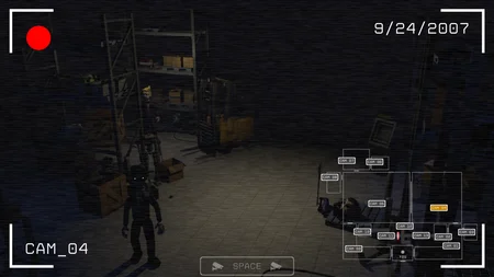 Dark camera view showing a shadowy animatronic figure standing among warehouse shelves