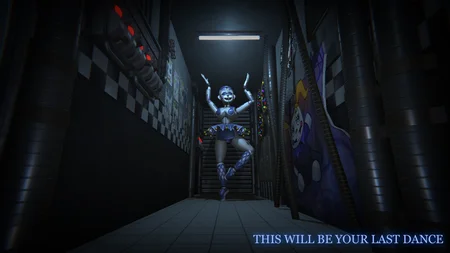 The Glitched Attraction - Ballora dancing in a checkered hallway in the Sister Location level