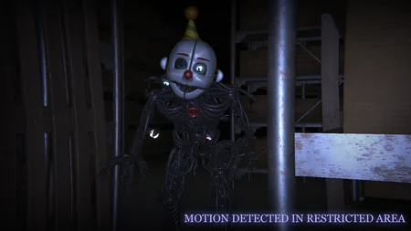 Ennard behind metal bars with Motion Detected warning