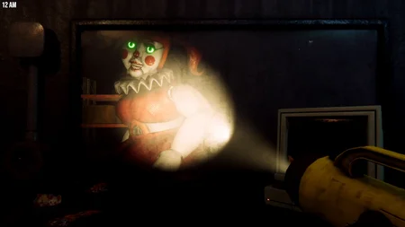 Circus Baby with glowing green eyes peering through the office window